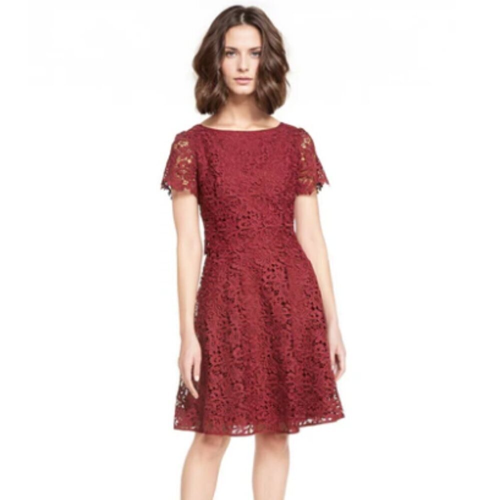 Shani Maroon Fit & Flare Lace‎ Popover Dress